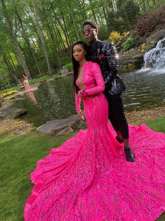 Meerjungfrau Abendkleid Frauen Langarm Pailletten Lange Heißer Rosa Kleid Luxus Party Kleid Für Frauen Y980