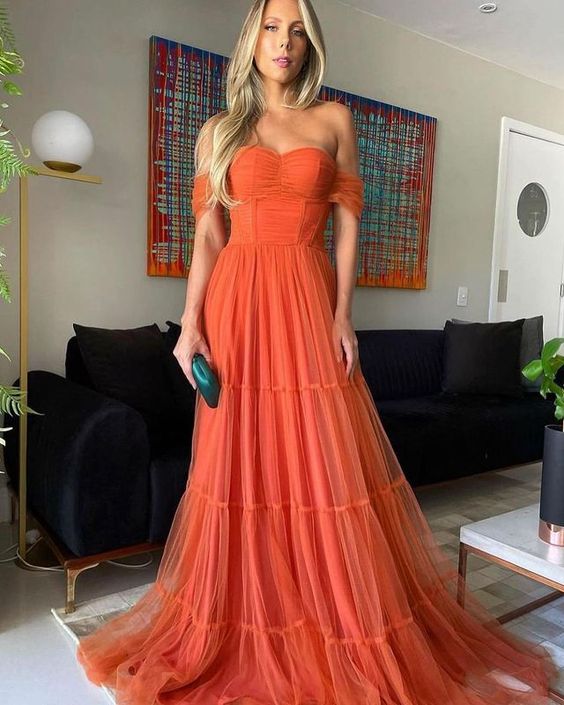Elegante vestido de noche largo de tul naranja con hombros descubiertos Y1059