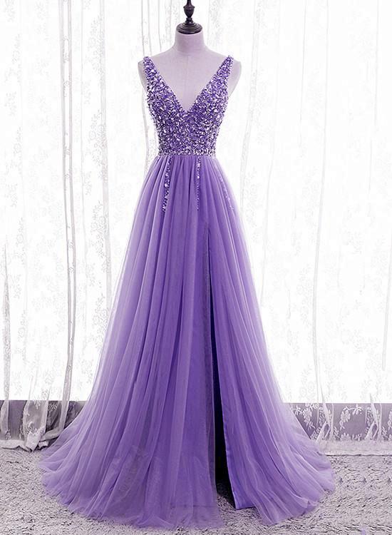 Lila Perlen V-Ausschnitt Tüll Glitzer Partykleid Abendkleid, Lila Tüll Ballkleid Y1008