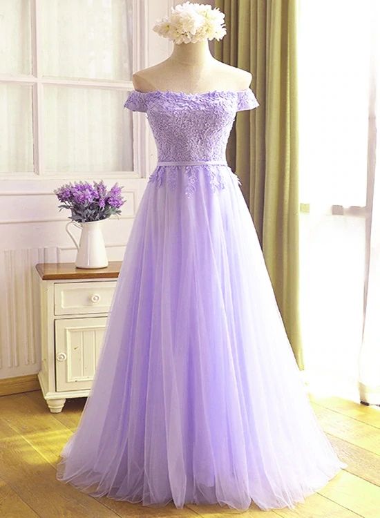 A-Linie Tüll Hellviolett Schulterfreies Langes Ballkleid, Abendkleid mit Spitzenapplikation Y918