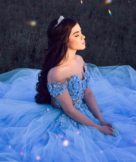 Vestido de fiesta de tul azul con hombros descubiertos, estilo Winter Wonderland Y1092