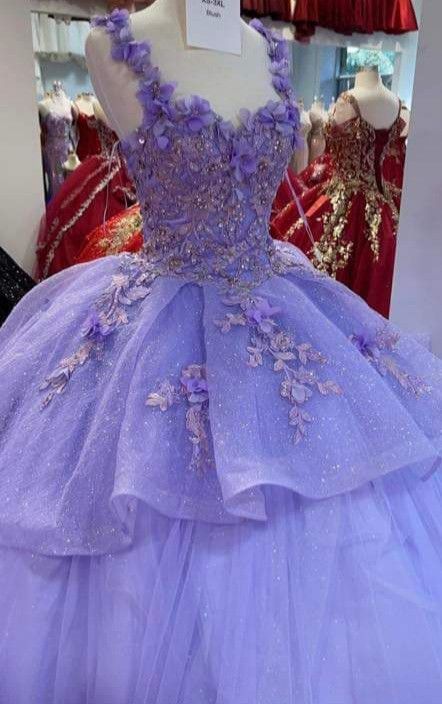 Glitzerndes Lavendel Ballkleid mit 3D-Blumen, Sweet 16 Kleid, Prinzessinnenkleid Y810