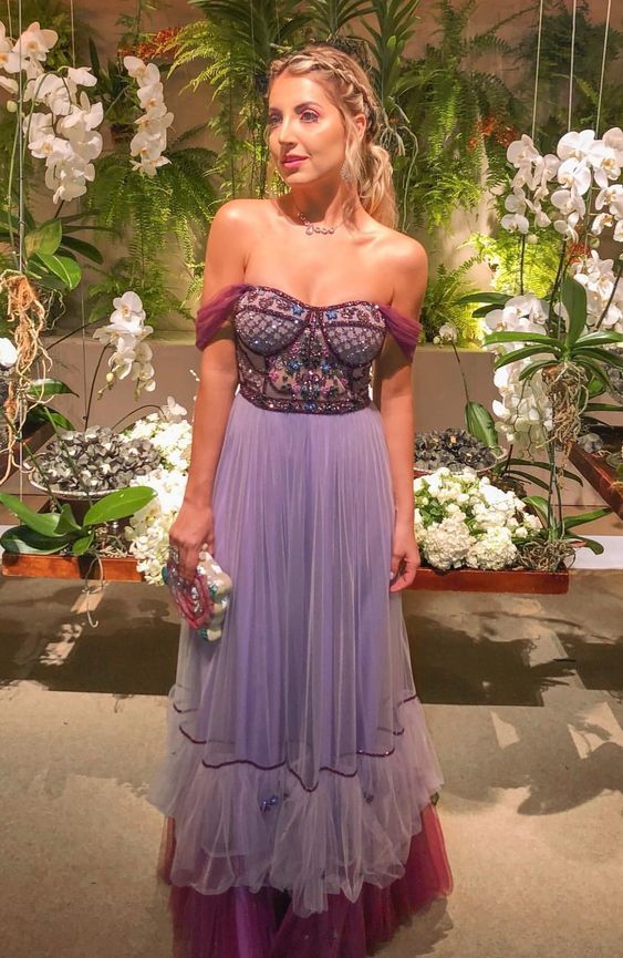 Vestidos de fiesta de tul con cuentas y corte en A, vestidos de noche con hombros descubiertos Y1102