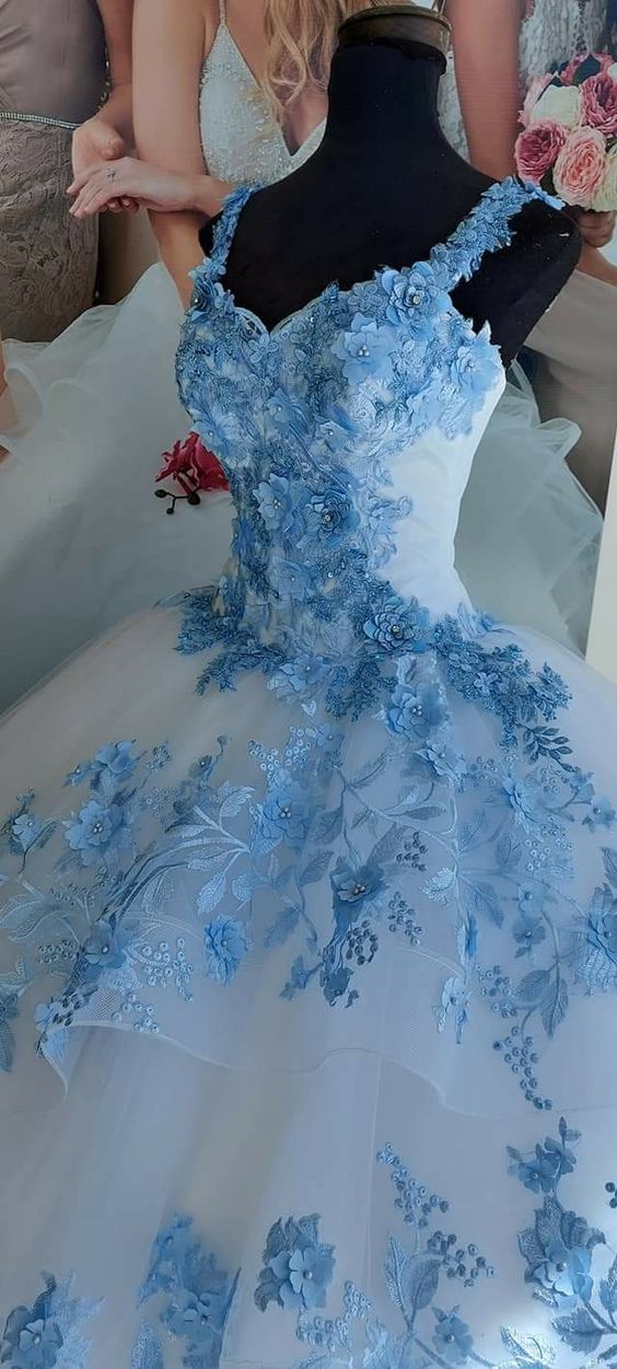 Winter Wunderland Blau Blumen Und Weiß Tüll Ballkleid, Sweet 16 Kleid Y758