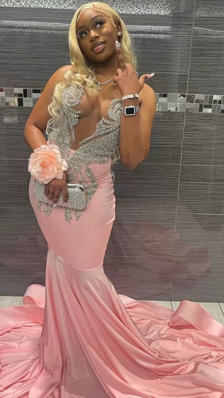 Elegant Deep V Neck Mermaid Evening Dress, Pink Prom Dress For Black Girls Y797