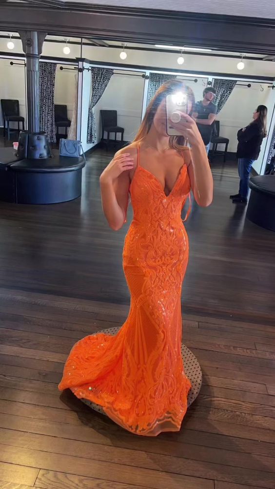 Orange Meerjungfrau V-Ausschnitt Spaghettiträger Abendkleid, Charmantes Ballkleid Y843