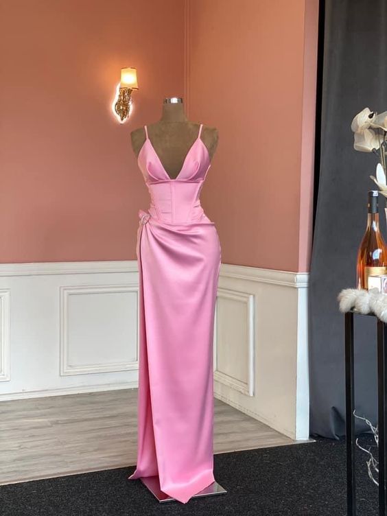 Elegante vestido de noche rosa sin mangas con tirantes finos, vestido de desfile rosa Y817