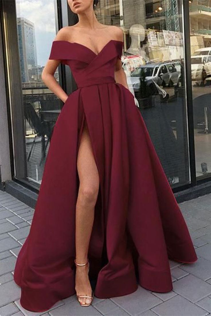 Burgunderrotes V-Ausschnitt Satin Off Shoulder Langes Ballkleid Burgunderrotes Abendkleid Y840