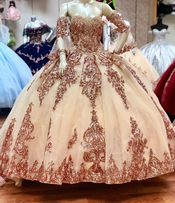 Vestidos de quinceañera con apliques de lentejuelas brillantes y mangas desmontables, vestido de baile de escote corazón Y526