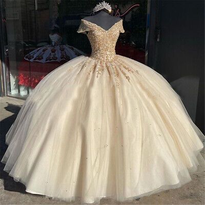 Vestidos de quinceañera con hombros descubiertos, encaje champán, apliques y cuentas, vestido de baile Y586