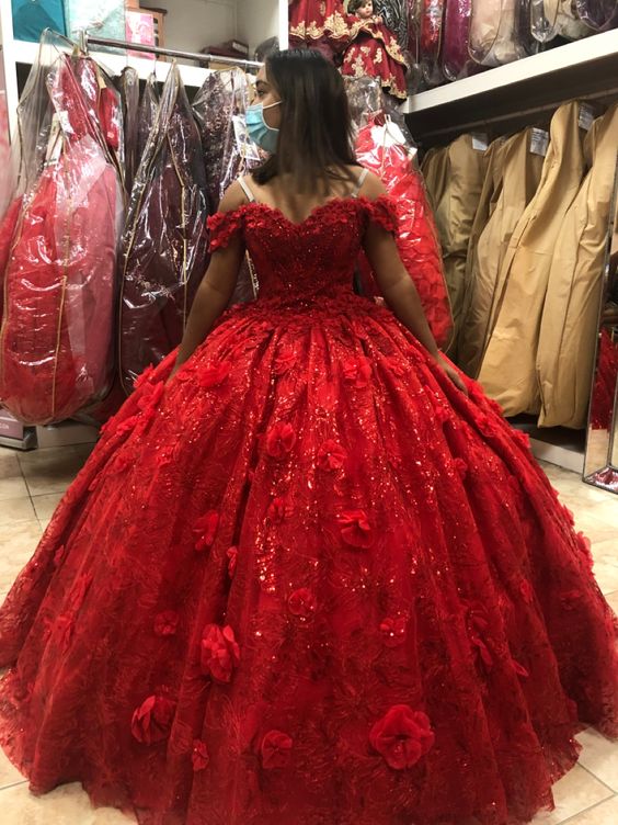 Impresionante vestido rojo de quinceañera con hombros descubiertos y flores 3D, vestido de 16 años Y1219