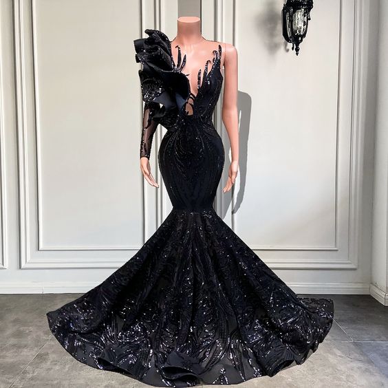 Vestidos de fiesta negros, vestidos de fiesta de sirena, vestidos de fiesta con volantes, vestidos de fiesta con lentejuelas, vestidos de noche personalizados Y1868