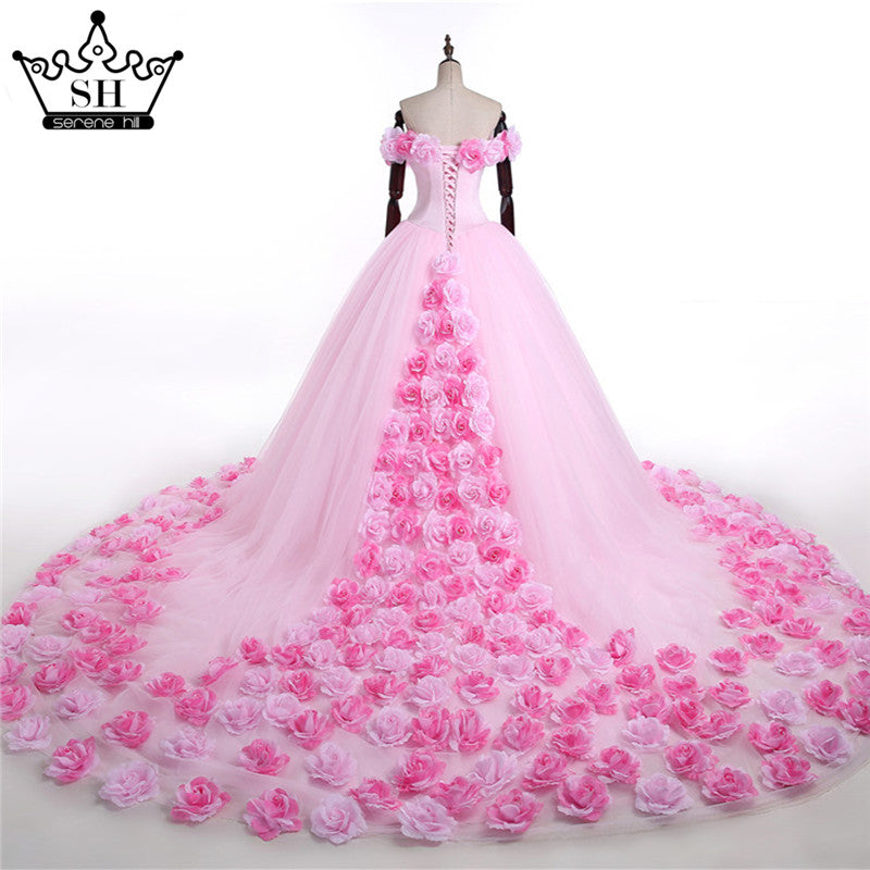 Vestido de novia con diseño de nube rosa y flores rosas HA2003
