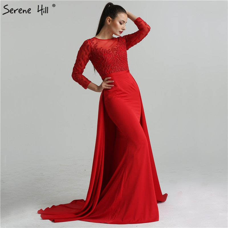 Vestido de noche sirena con cuentas en rojo y negro, sin devoluciones ni reembolsos, LA6275