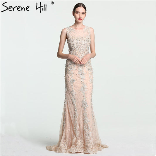 En oferta, sin devolución ni reembolso, vestido de noche de sirena de encaje sin mangas con perlas de cristal y tul, vestido de noche largo LA6117