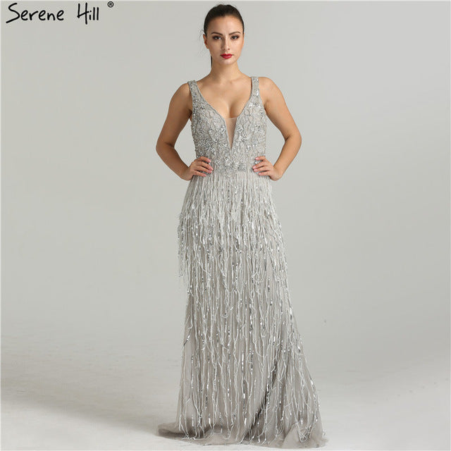 Sale Sexy Deep-V Mermaid Gold Tulle Evening Dresses Newest Beading Sequined Luxury Evening Gown 2025 LA6104