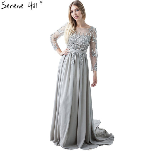 Vestido de noche formal de manga larga con cuentas de cristal gris HA2097.