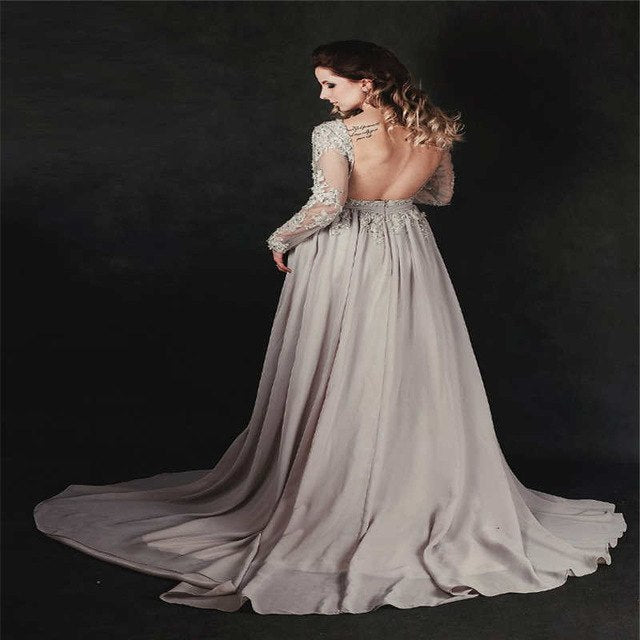 Vestido de noche formal de manga larga con cuentas de cristal gris HA2097.