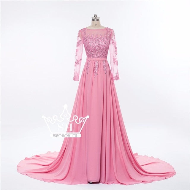 Vestido de noche formal de manga larga con cuentas de cristal gris HA2097.