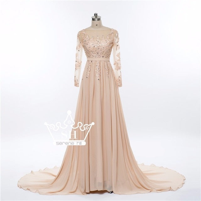 Vestido de noche formal de manga larga con cuentas de cristal gris HA2097.