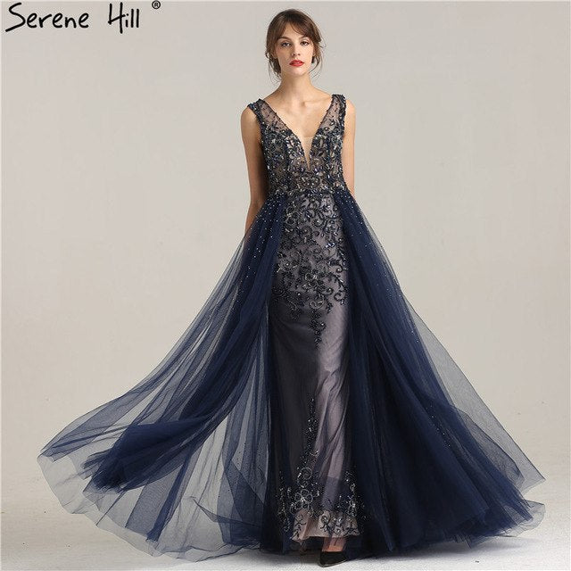 Feste Perlen Marineblau Mit Schleppe Abendkleid Lange Diamant Kristall Tüll Formales Abendkleid 2025 LA6185