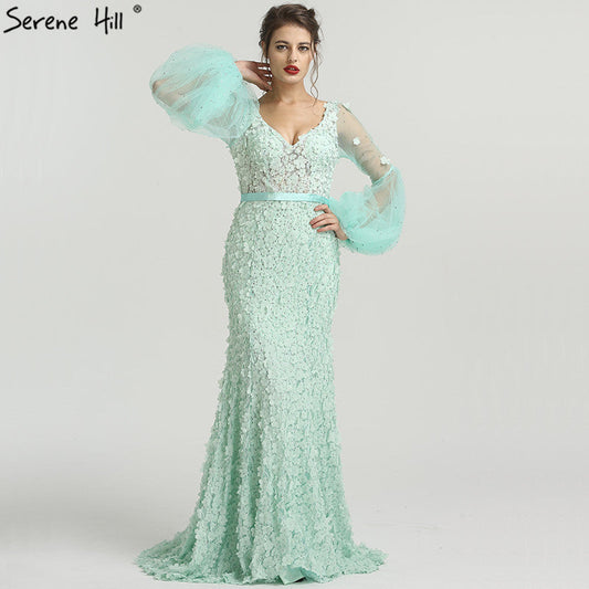 En oferta, sin devolución ni reembolso, vestido de noche de sirena con escote en V y mangas largas, flores y perlas, moda LA6514