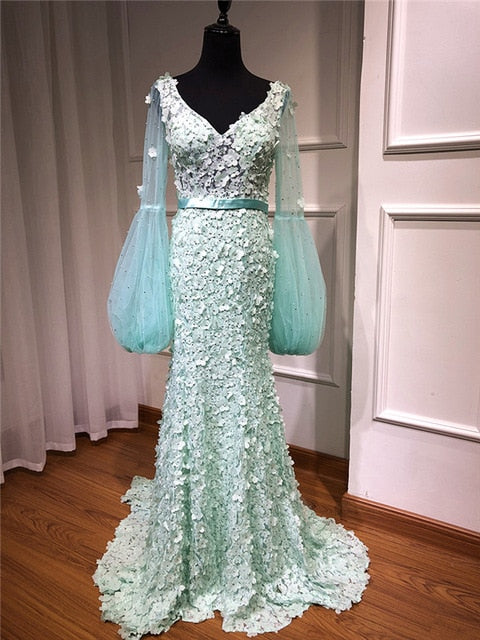 En oferta, sin devolución ni reembolso, vestido de noche de sirena con escote en V y mangas largas, flores y perlas, moda LA6514
