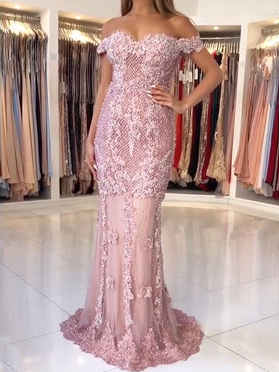 En oferta, sin devolución ni reembolso.Vestido de noche rosa con escote barco y corte sirena, encaje, peras y diamantes LA6560
