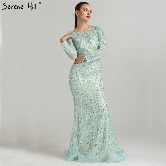 En oferta, sin devolución ni reembolso, venta, vestidos de noche de tul brillante de lujo con mangas largas y cuentas de sirena LA6396