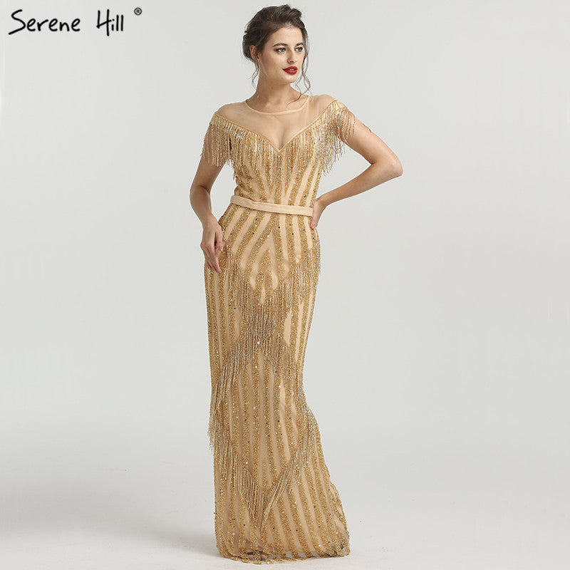 En oferta, sin devolución ni reembolso. Vestidos de noche elegantes de sirena sin mangas de lujo dorados con brillo LA6543.
