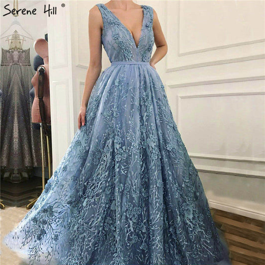 En oferta, sin devolución ni reembolso. Oferta, vestidos de noche de tul con escote en V profundo, apliques, perlas, sin mangas, LA6482
