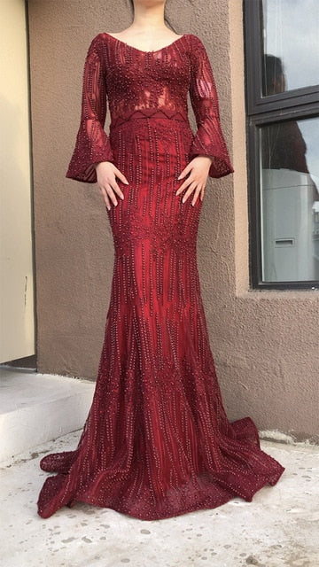 En oferta, sin devolución ni reembolso. Vestidos de noche de lujo a la moda con escote en V, sirena, perlas y cristales. Vestidos de noche sexys 2025 LA6489.