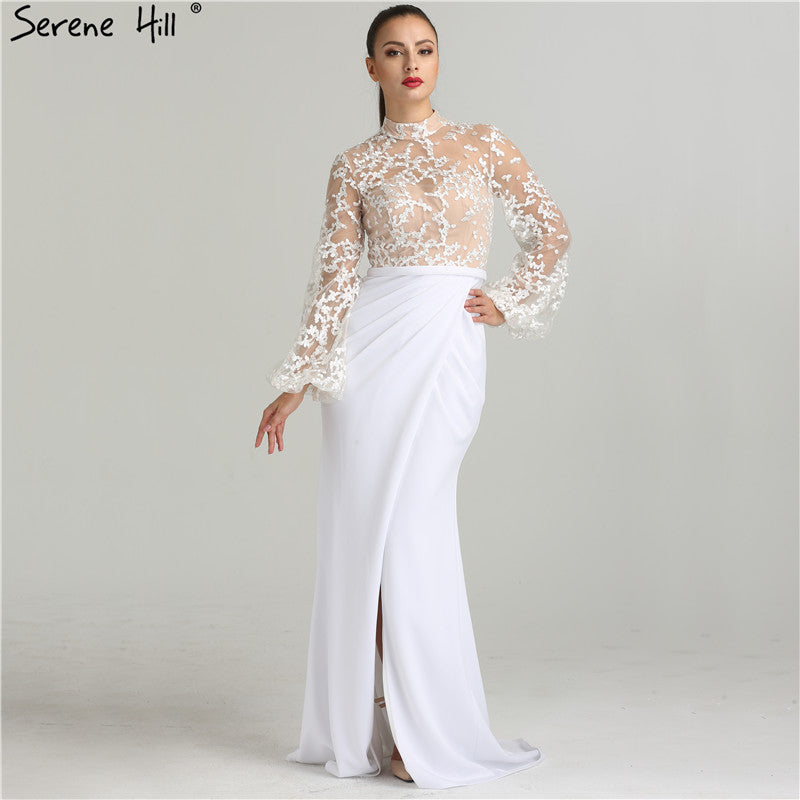 White Long Sleeves Evening Dresses Fashion Illusion Mermaid LA6303