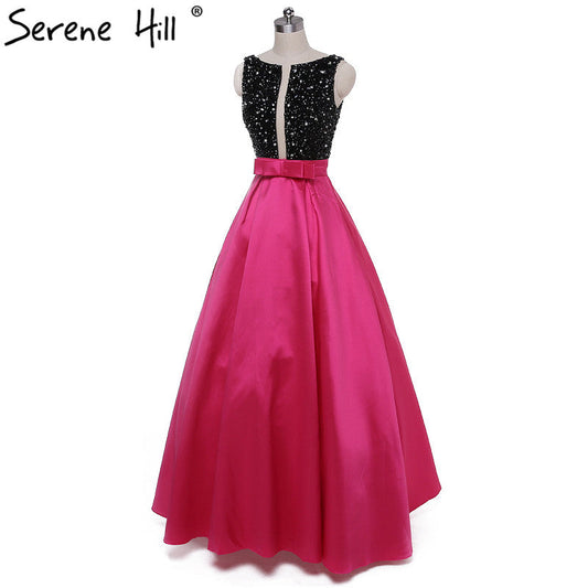 En oferta, sin devolución ni reembolso. Vestido de fiesta de noche largo sin mangas en satén rojo rosa con cuentas y espalda descubierta LA6020