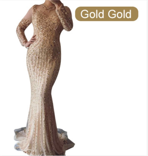 Lange Ärmel Glitzernde Abendkleider Meerjungfrau Diamant Perlen Abendkleid LA6591