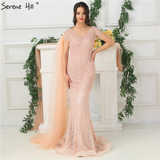 En oferta, sin devolución ni reembolso, vestidos de noche de sirena color melocotón y perla, vestidos de noche LA6642