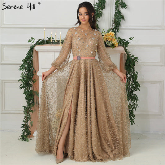 On Sale no return no refund Sale 2025 Arab Gown Luxury Diamond Pearls Sparkle Evening Dresses Long SleevesFashion Sexy Evening Gowns LA6535