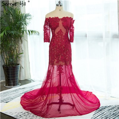 Vestido de noche de sirena sexy con hombros descubiertos y encaje de media manga (fotografía HA2139)