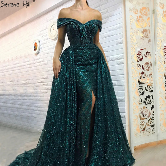 Vestido de noche sexy con hombros descubiertos y cola extraíble, color verde oscuro con purpurina, largo estilo sirena LA6362