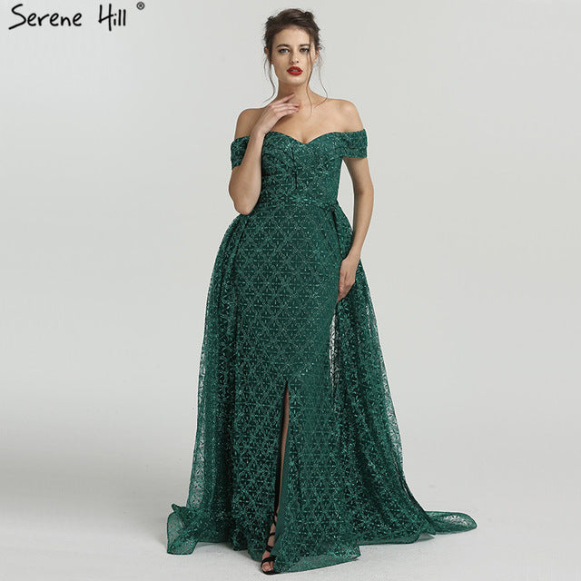 Vestido de noche sexy con hombros descubiertos y cola extraíble, color verde oscuro con purpurina, largo estilo sirena LA6362
