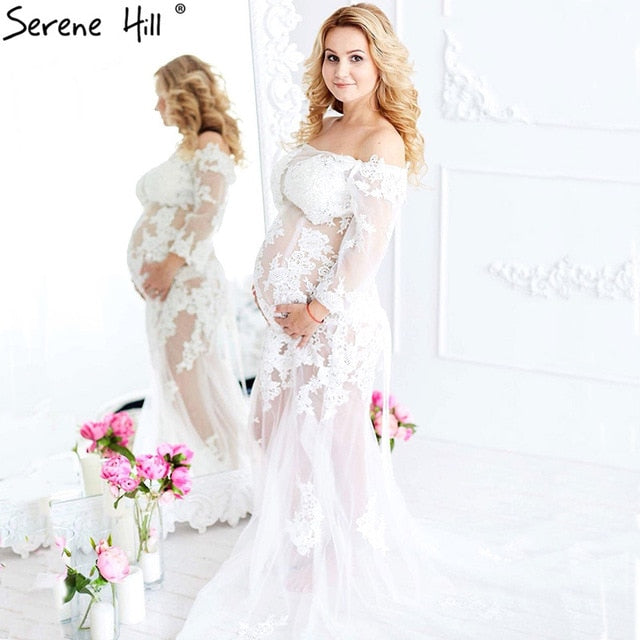 Vestido de noche de tul con hombros descubiertos, en oferta, sin devolución ni reembolso, con encaje para fotografía de embarazadas, HA2112