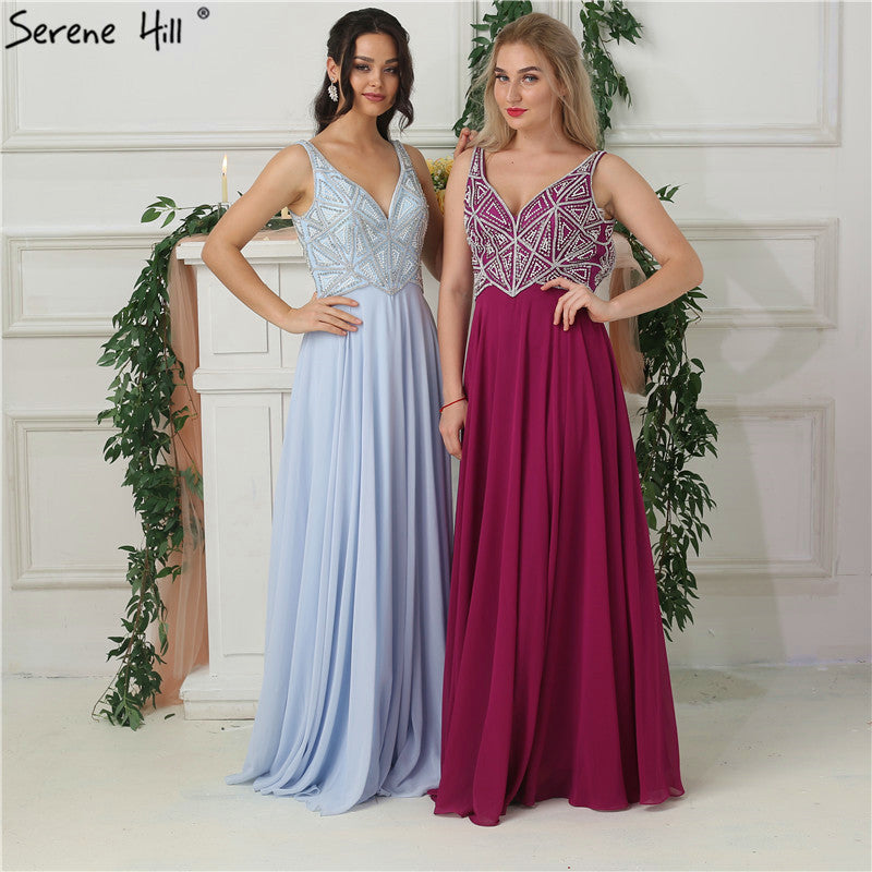 On Sale no return no refundSale Sky Blue Chiffon Sleeveless Prom Dresses Beading Pearls V-Neck Beach Evening Gowns LA6697