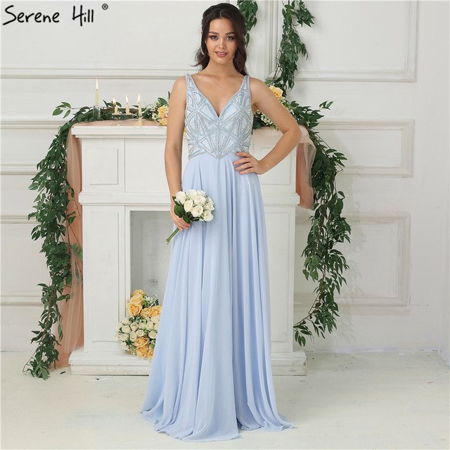 On Sale no return no refundSale Sky Blue Chiffon Sleeveless Prom Dresses Beading Pearls V-Neck Beach Evening Gowns LA6697