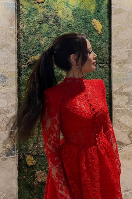 Vestido de cóctel rojo de manga larga con encaje, corte A y corto para fiesta