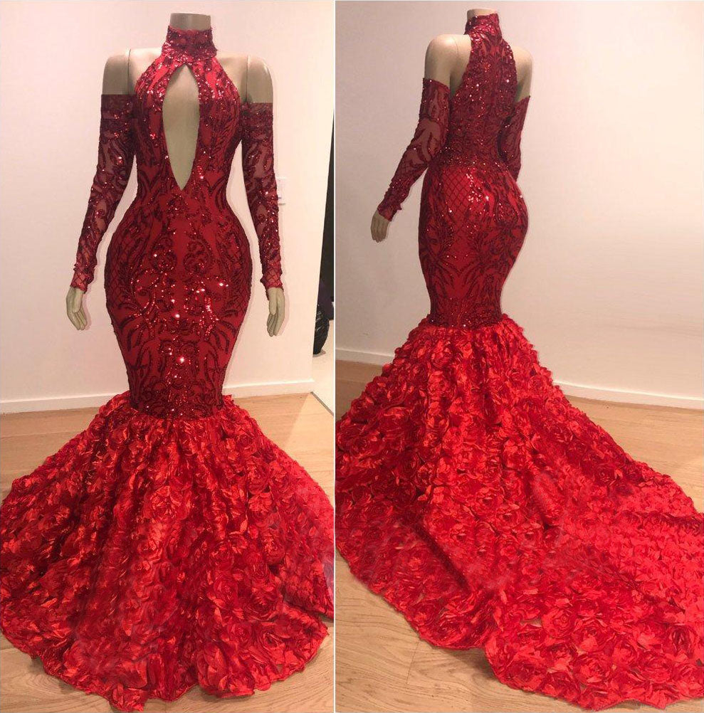 Vestidos de fiesta de manga larga con cuello alto y corte sirena con flores rojas