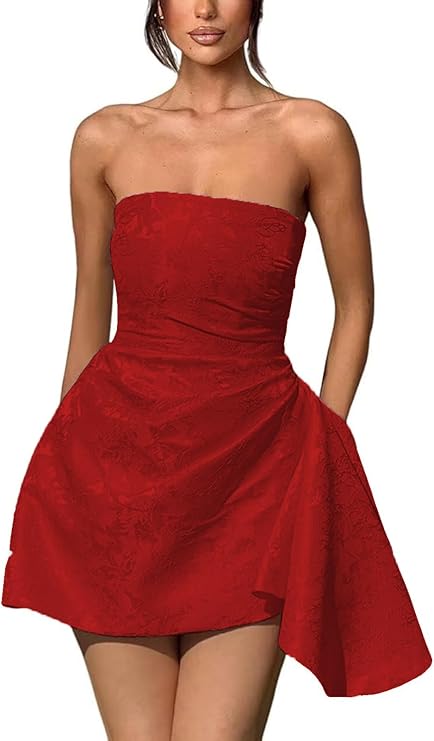A-Linie, trägerlos, ärmellos, kurzes Heimkehrkleid, Jacquard-Satin, asymmetrisch, Partykleider mit Schnürung