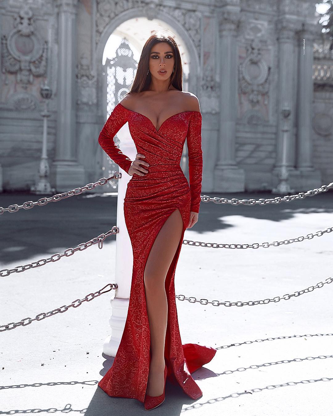 Red Long Sleeves Off-the-shoulder Mermaid Prom Dress With Slit