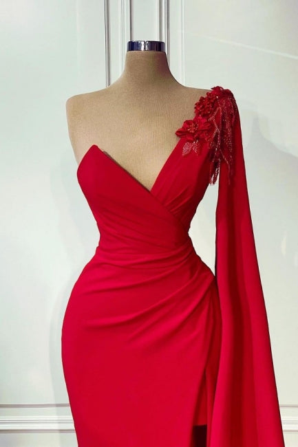 Rotes One-Shoulder-Ärmelloses Meerjungfrau-Satin-Ballkleid in Bodenlänge mit Rüschen