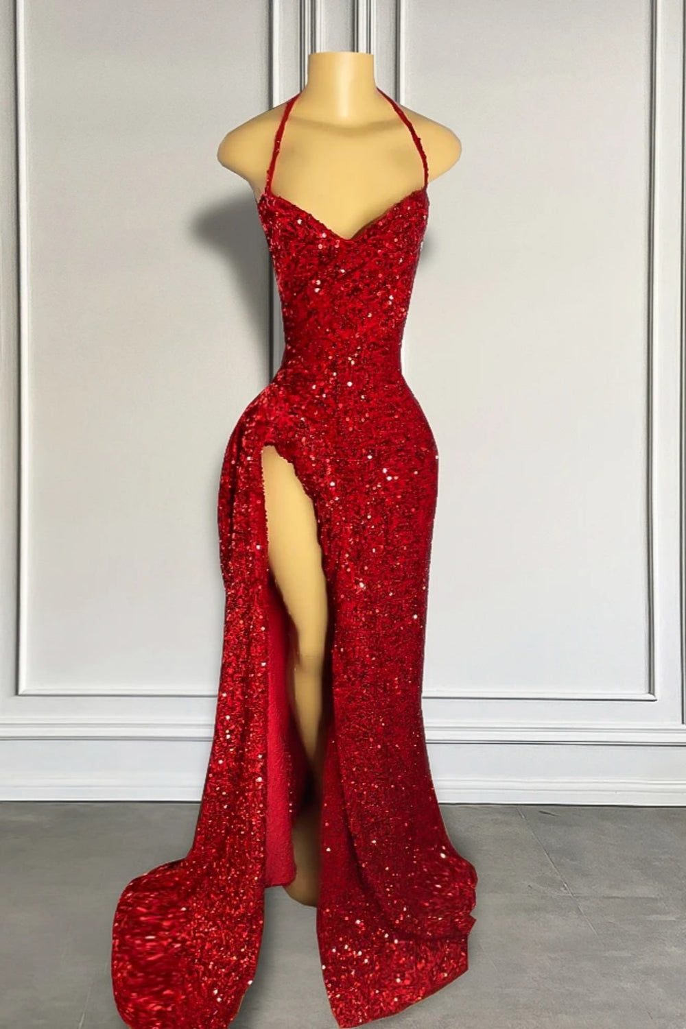 Rotes Pailletten-Ballkleid mit Schlitz, glänzendes bodenlanges Partykleid