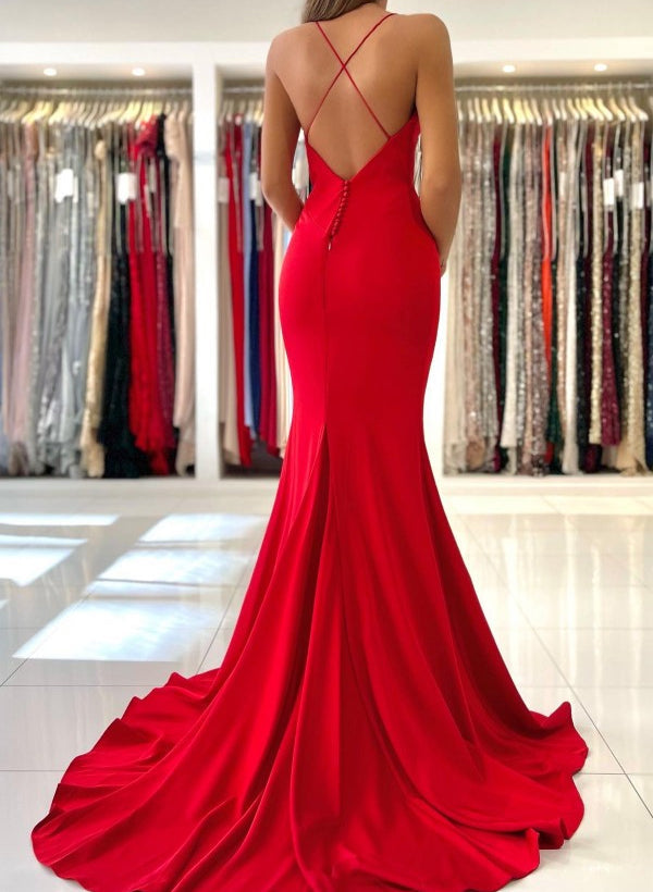 Long Mermaid V-neck Backless Red Prom Dresses